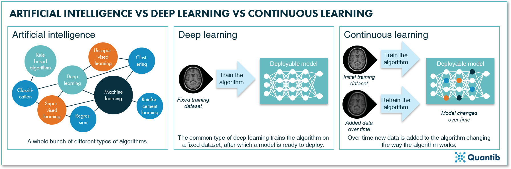 schematic figure explaining the difference between AI, deep learning and continuous learning in AI medical software context